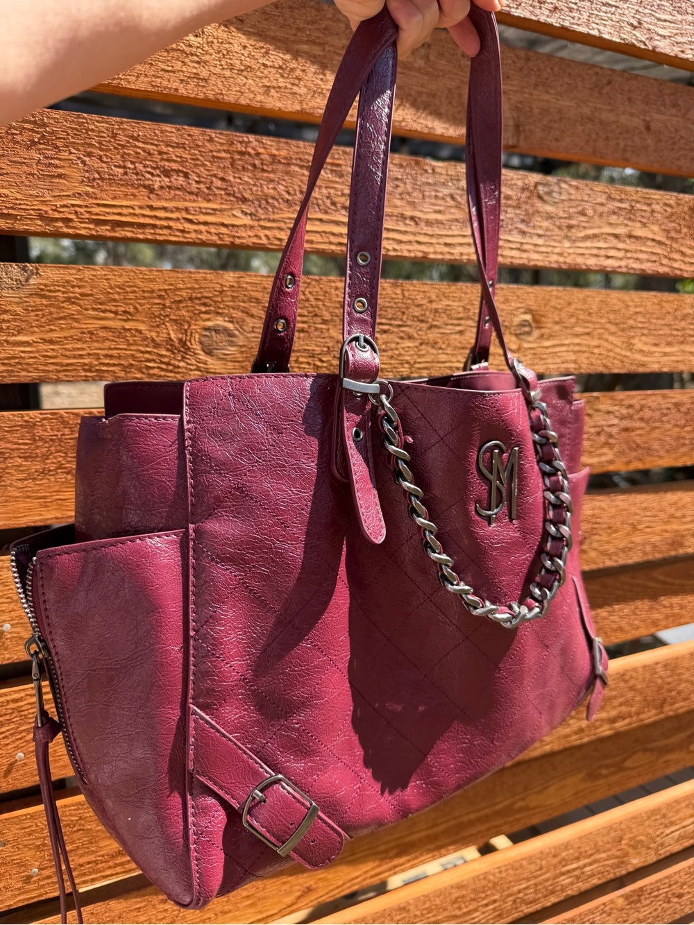 Witchy Steve Madden Women’s Quilted Faux-Leather Tote Bag in Wine and Gunmetal